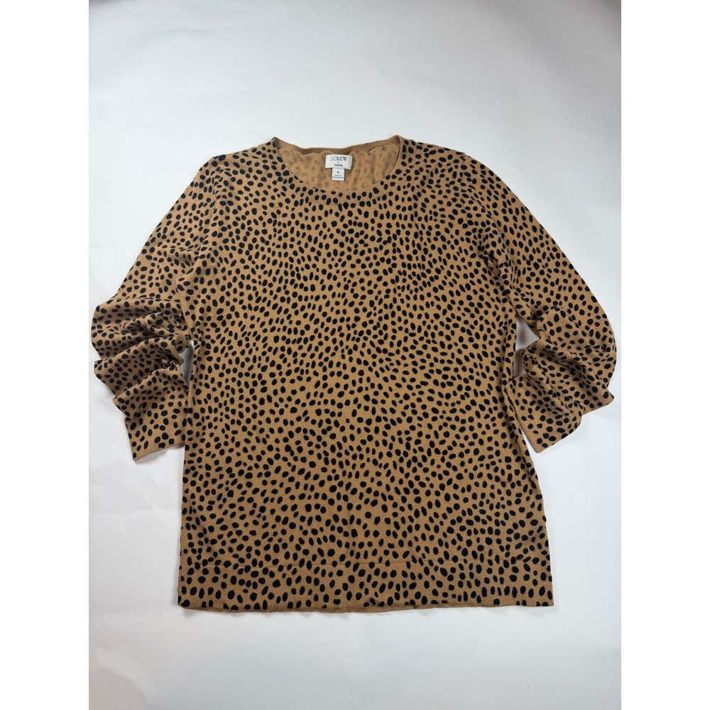 J.Crew Teddie Leopard Print Cotton Crewneck Sweater Tan Black AZ889 Womens S